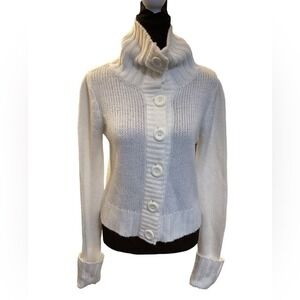 FINESSE Women's White Button Up Turtleneck Knit Sweater Cropped Cardigan Size M